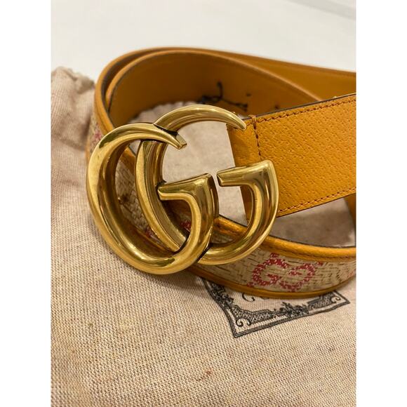 Gucci GG Marmont G Print Raffia Straw Wide Belt 90 Tan Pink Yellow - Picture 8 of 16